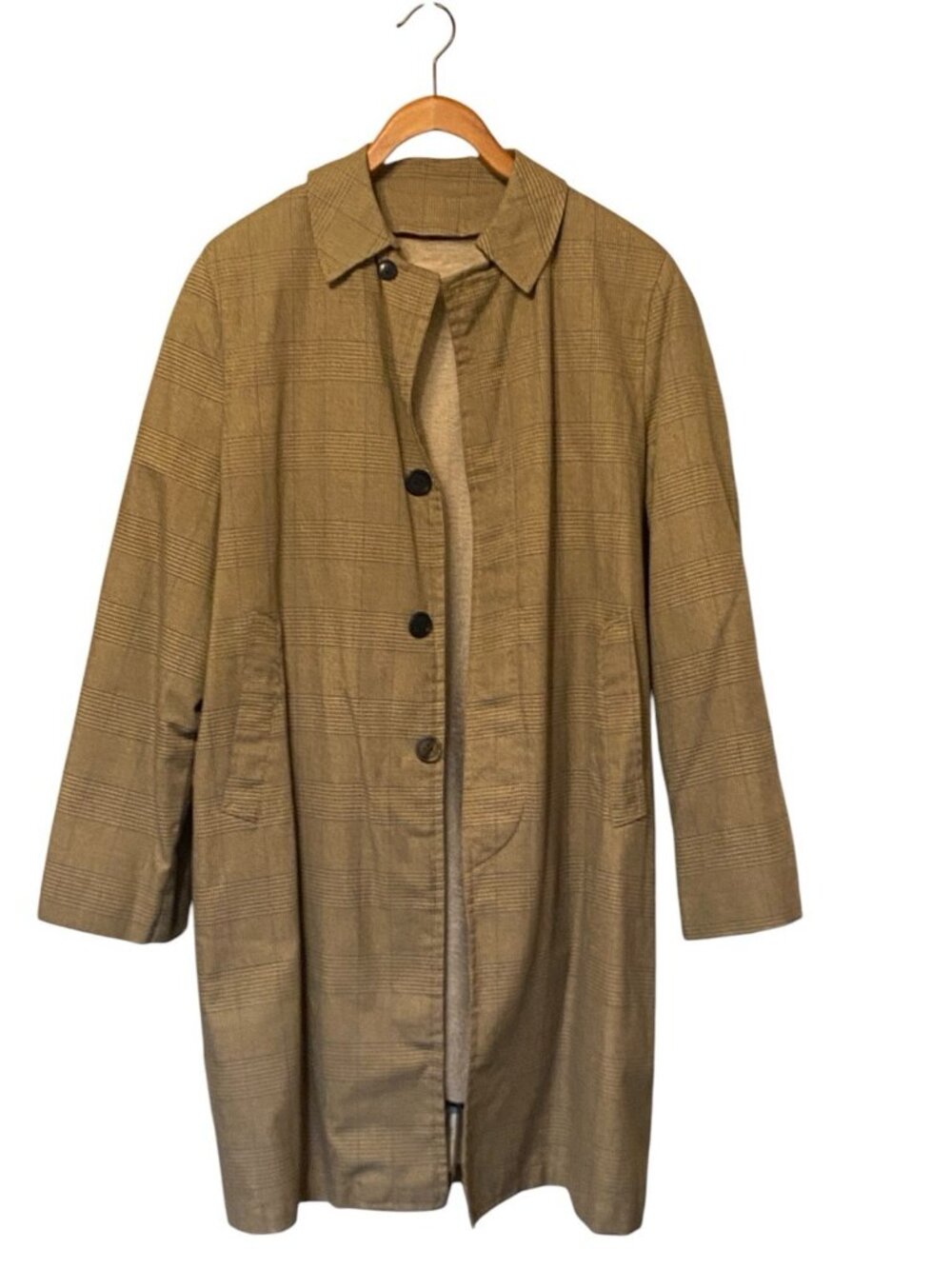 Vintage Tan Plaid Trench Coat Men's 40 Large Zip Out Liner 70s 80s Overcoat